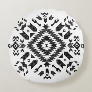 Tribal Design: Black White Hand-Drawn Round Pillow