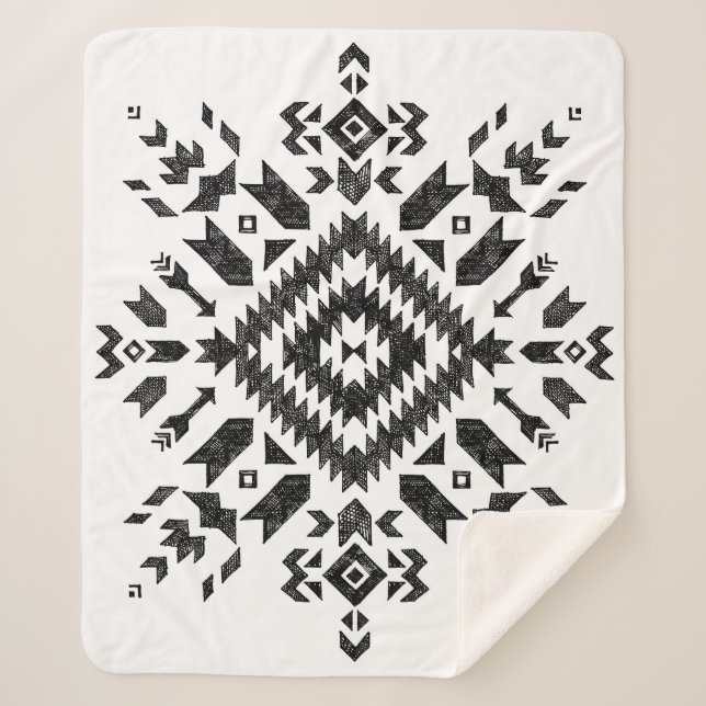 Tribal Design: Black White Hand-Drawn Sherpa Blanket (Front)