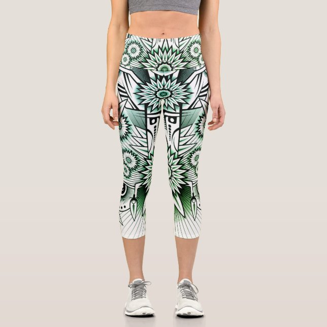 Tribal Design Green Tint Capri Leggings (Front)