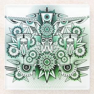 Tribal Design Green Tint Glass Coaster