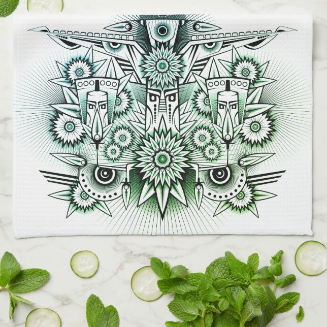 Tribal Design Green Tint Kitchen Towel (Folded)