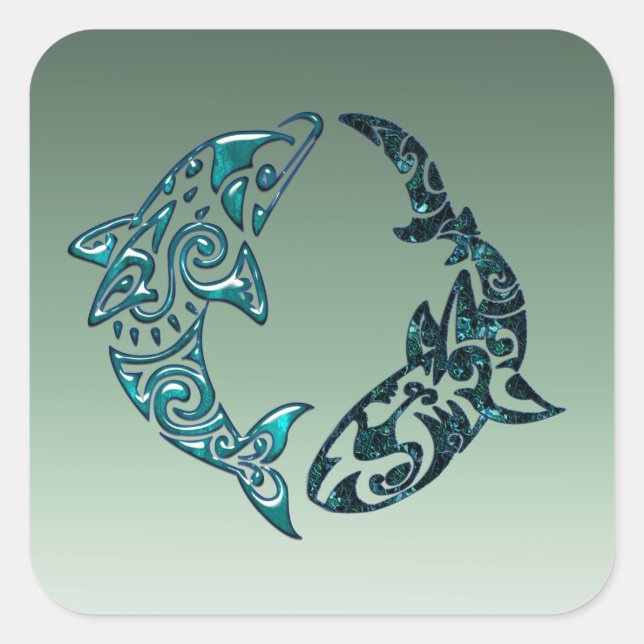 Tribal Dolphin and Shark Tattoo Square Sticker (Front)