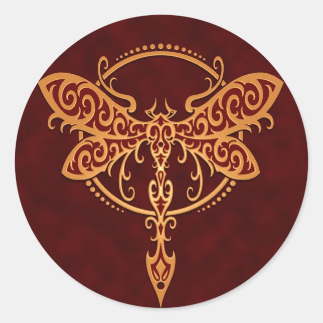 Tribal Dragonfly, Golden Red Classic Round Sticker (Front)
