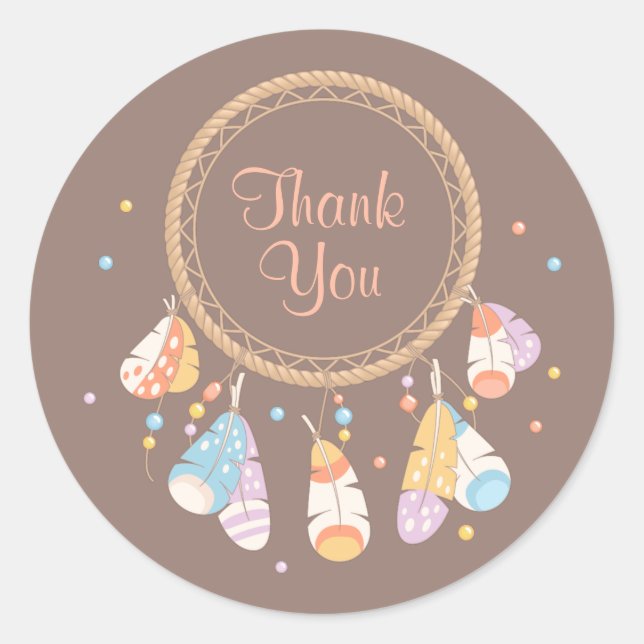 Tribal Dreamcatcher Boho Brown Thank You Classic Round Sticker (Front)