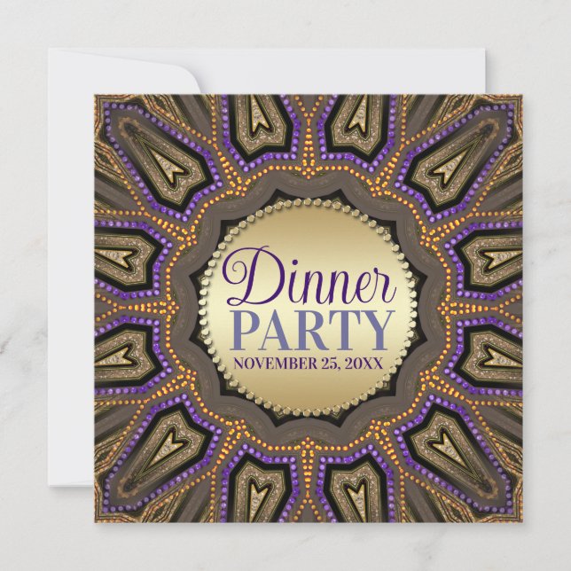 Tribal Earth Orange Purple Gold Dinner Party Invitation (Front)