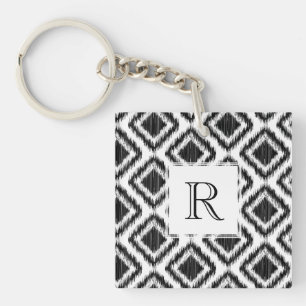 Tribal Elegant Black and White Ikat Pattern Keychain