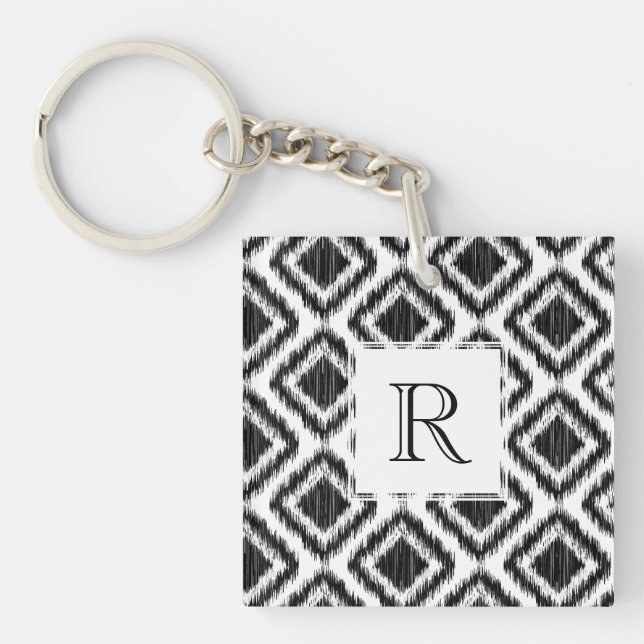 Tribal Elegant Black and White Ikat Pattern Keychain (Front)