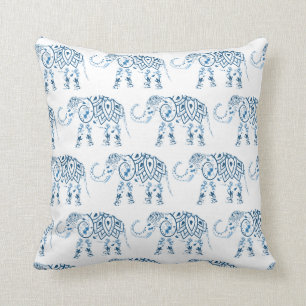 Tribal Elephant Blue Mandala on White Throw Pillow