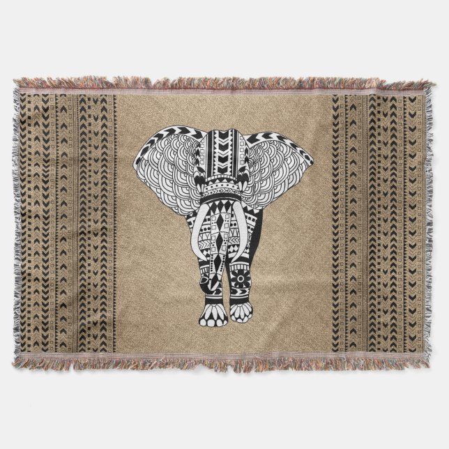 Tribal Elephant Ethnic Pattern Throw Blanket (Front)
