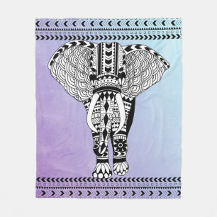 Tribal Elephant Teal & Purple Watercolor Fleece Blanket
