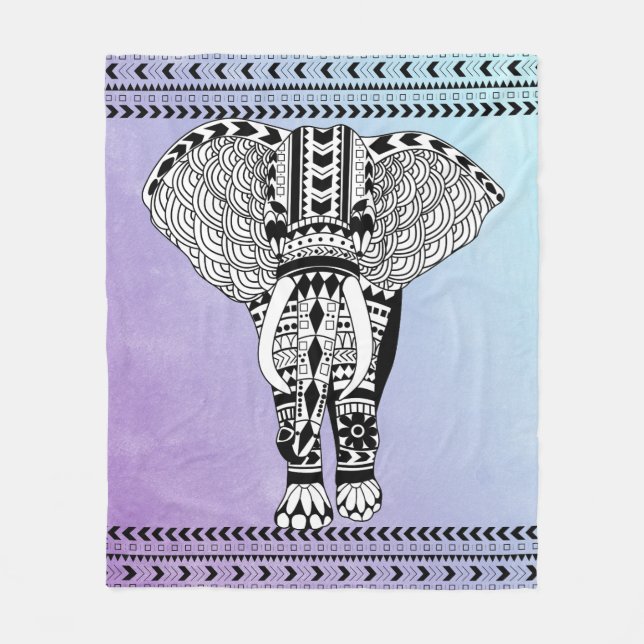 Tribal Elephant Teal & Purple Watercolor Fleece Blanket (Front)