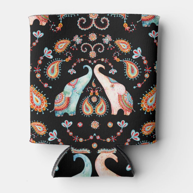 Tribal Elephant: Watercolor Paisley Pattern. Can Cooler (Front)