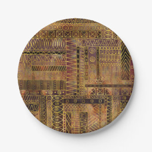 Tribal  Ethnic Boho Pattern gold and brown Paper Plate