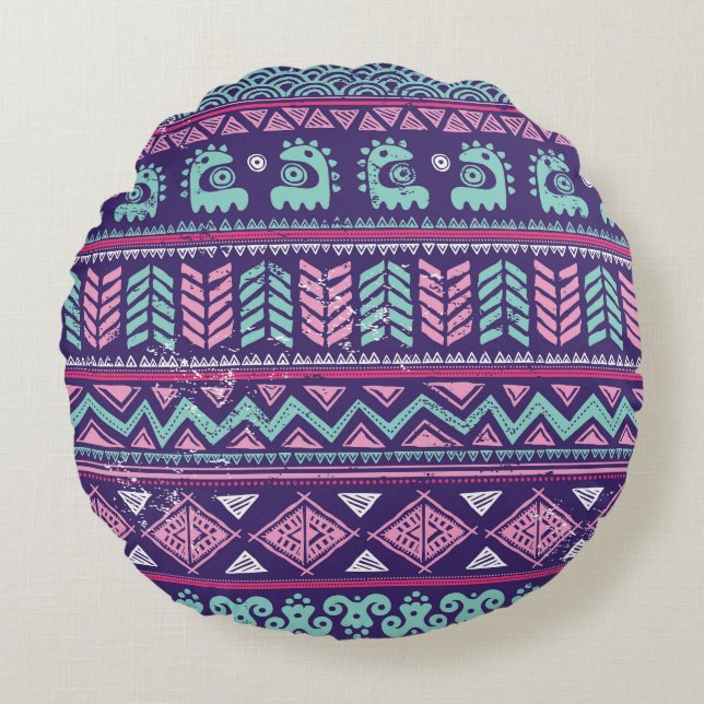 Tribal Ethnic: Colourful Seamless Pattern. Round Pillow (Front)