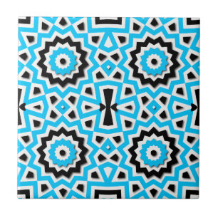 Tribal Ethnic Mosaic Teal Black and White Pattern Tile