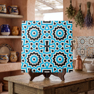 Tribal Ethnic Mosaic Teal Black and White Pattern Tile