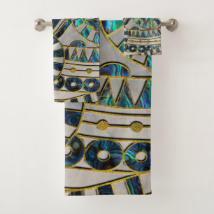 Tribal Ethnic  Pattern Gold on Abalone and Pearl Bath Towel Set