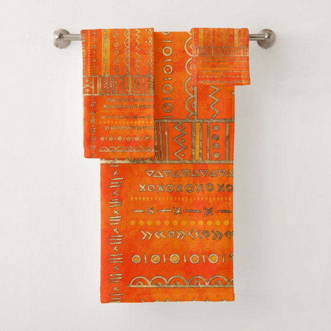Tribal Ethnic pattern gold on bright orange Bath Towel Set (Insitu)
