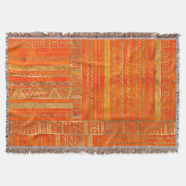 Tribal Ethnic pattern gold on bright orange Throw Blanket (Front)