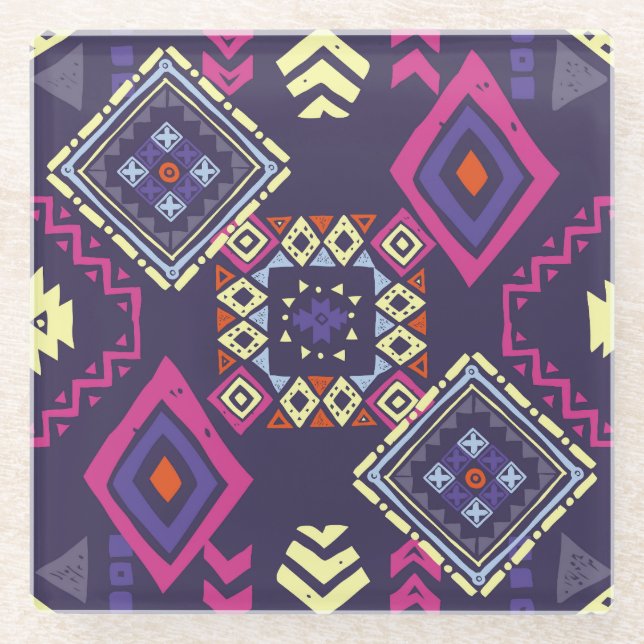 Tribal ethnic, primitive geometric background. glass coaster (Front)