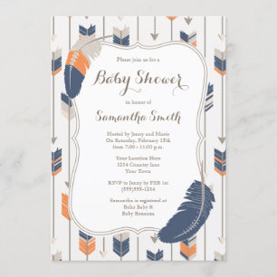 Tribal Feather Arrows Baby Shower Navy Orange Invitation