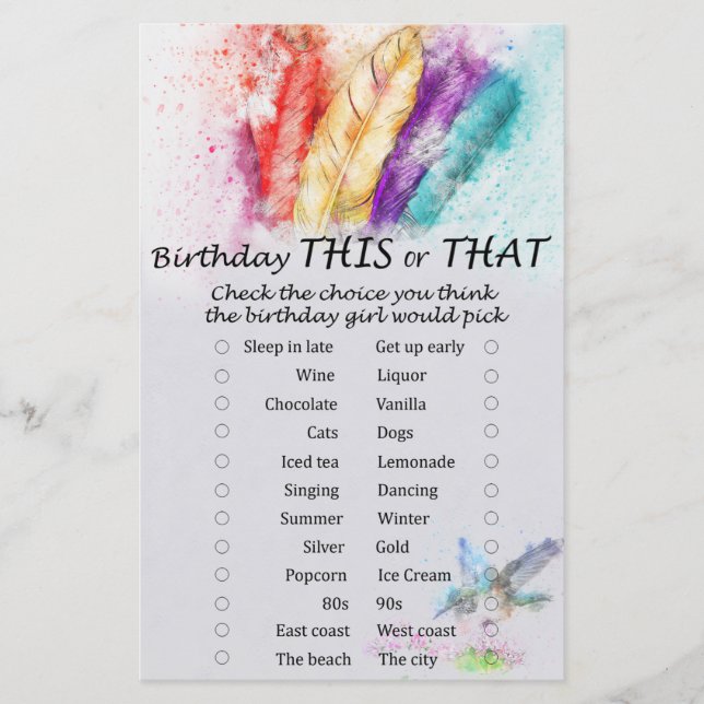 Tribal Feather Birthday this or that game (Front)
