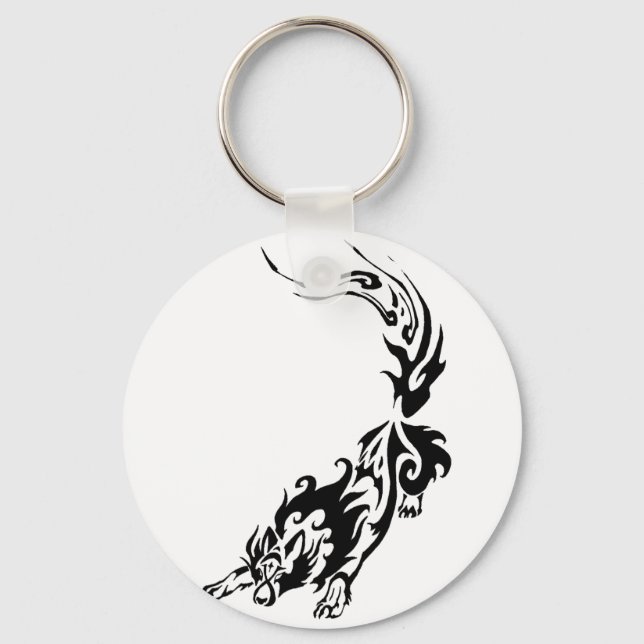 Tribal Fiery Wolf Pouncing.png Keychain (Front)