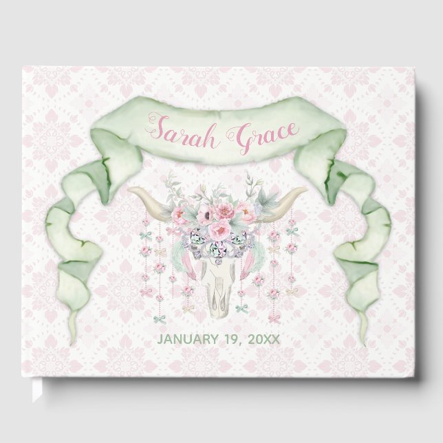 Tribal Floral Bull Horns Arrows Pink Mint Feminine Guest Book (Front)
