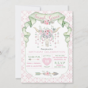 Tribal Floral Bull Horns Arrows Pink Mint Feminine Invitation