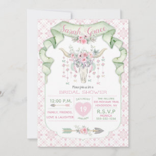 Tribal Floral Bull Horns Arrows Pink Mint Feminine Invitation