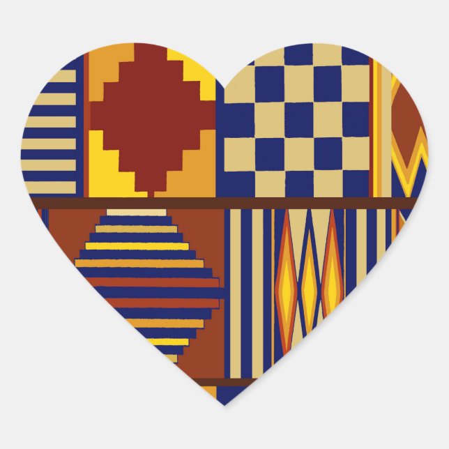 Tribal Folk Art - Rust Navy Yellow Heart Sticker (Front)