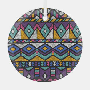 Tribal Geometric Aztec: Colourful Vintage Pattern Glass Ornament