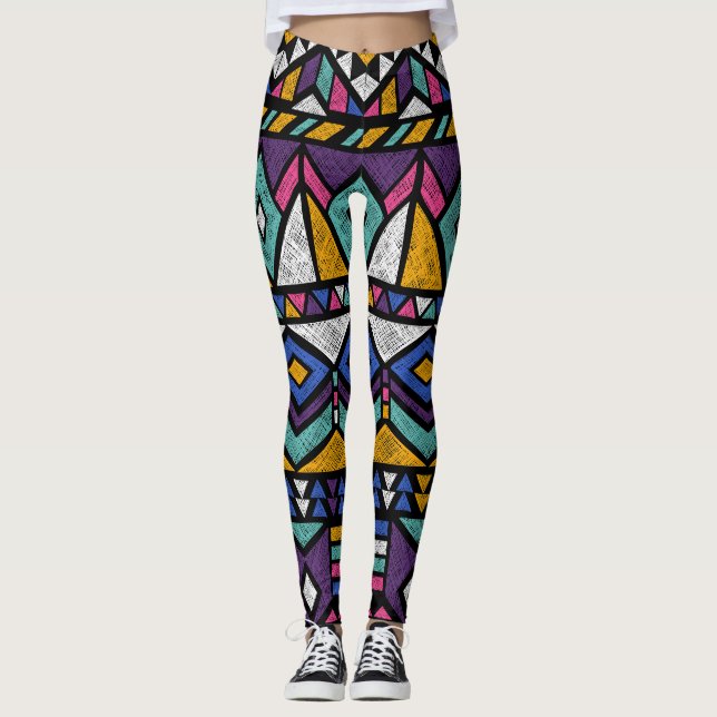 Tribal Geometric Aztec: Colourful Vintage Pattern Leggings (Front)