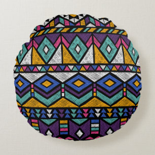 Tribal Geometric Aztec: Colourful Vintage Pattern Round Pillow