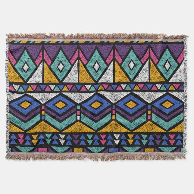 Tribal Geometric Aztec: Colourful Vintage Pattern Throw Blanket (Front)