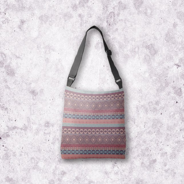 Tribal Geometric Mudcloth Stripe Boho Multicolor Crossbody Bag (Tote Bag - Tribal Geometric Boho Mudcloth Stripes Colorful Red Purple Blue Orange)