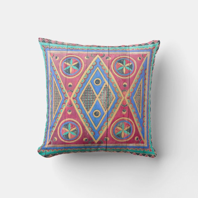 Tribal Geometric Pattern Arabian Wooden Door Throw Pillow (Front)