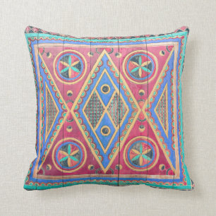 Tribal Geometric Pattern Arabian Wooden Door Throw Pillow