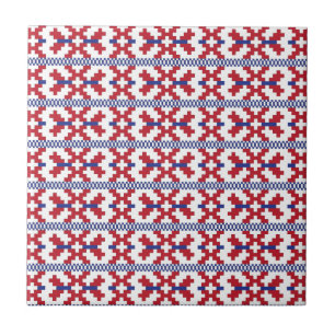 Tribal geometric red, blue, and white pattern tile