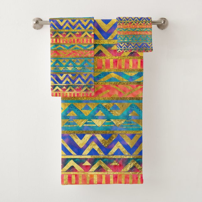 Tribal Geometric Watercolor and Gold Pattern Bath Towel Set (Insitu)