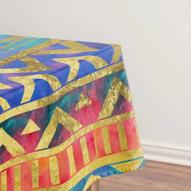 Tribal Geometric Watercolor and Gold Pattern Tablecloth (In Situ)