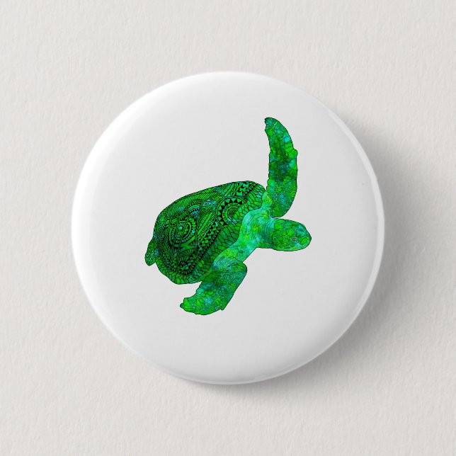 Tribal Green Sea Turtle 2 Inch Round Button (Front)