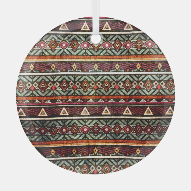 Tribal Grunge: Ethno Retro Pattern Glass Ornament (Front)