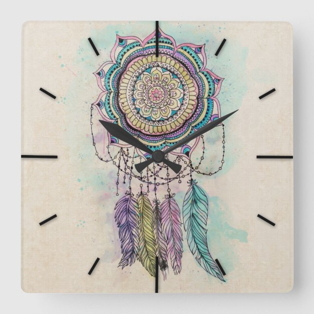 tribal hand paint dreamcatcher mandala design square wall clock (Front)