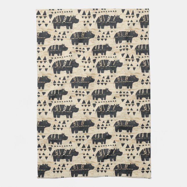 Tribal Hippo Safari Pattern Kitchen Towel (Vertical)