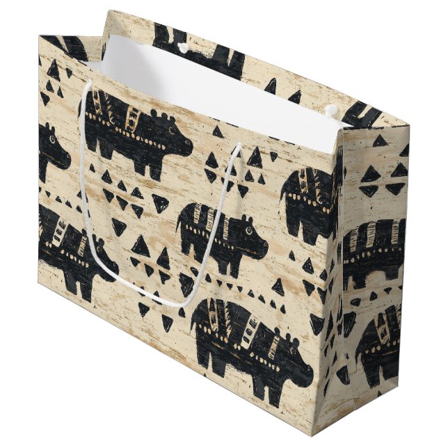 Tribal Hippo Safari Pattern Large Gift Bag (Front Angled)