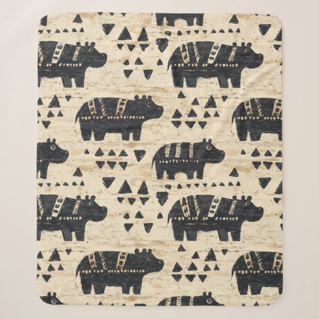 Tribal Hippo Safari Pattern Sherpa Blanket (Front)