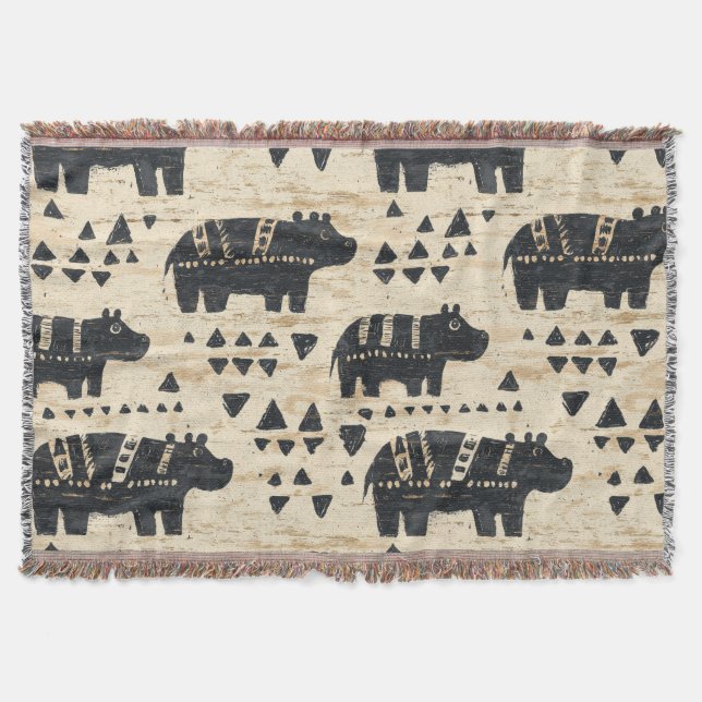 Tribal Hippo Safari Pattern Throw Blanket (Front)