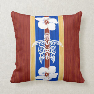 Tribal Honu Fake Wood Surfboard Throw Pillow