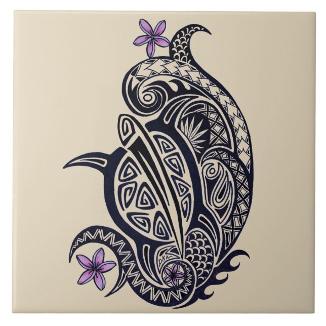 Tribal Honu Hawaiian Sea Turtle Ceramic Tile (Front)